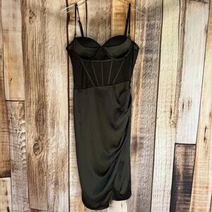 Heiress Beverly Hills Dress Black Satin Corset Draped Midi Whimsigoth Date L NWT